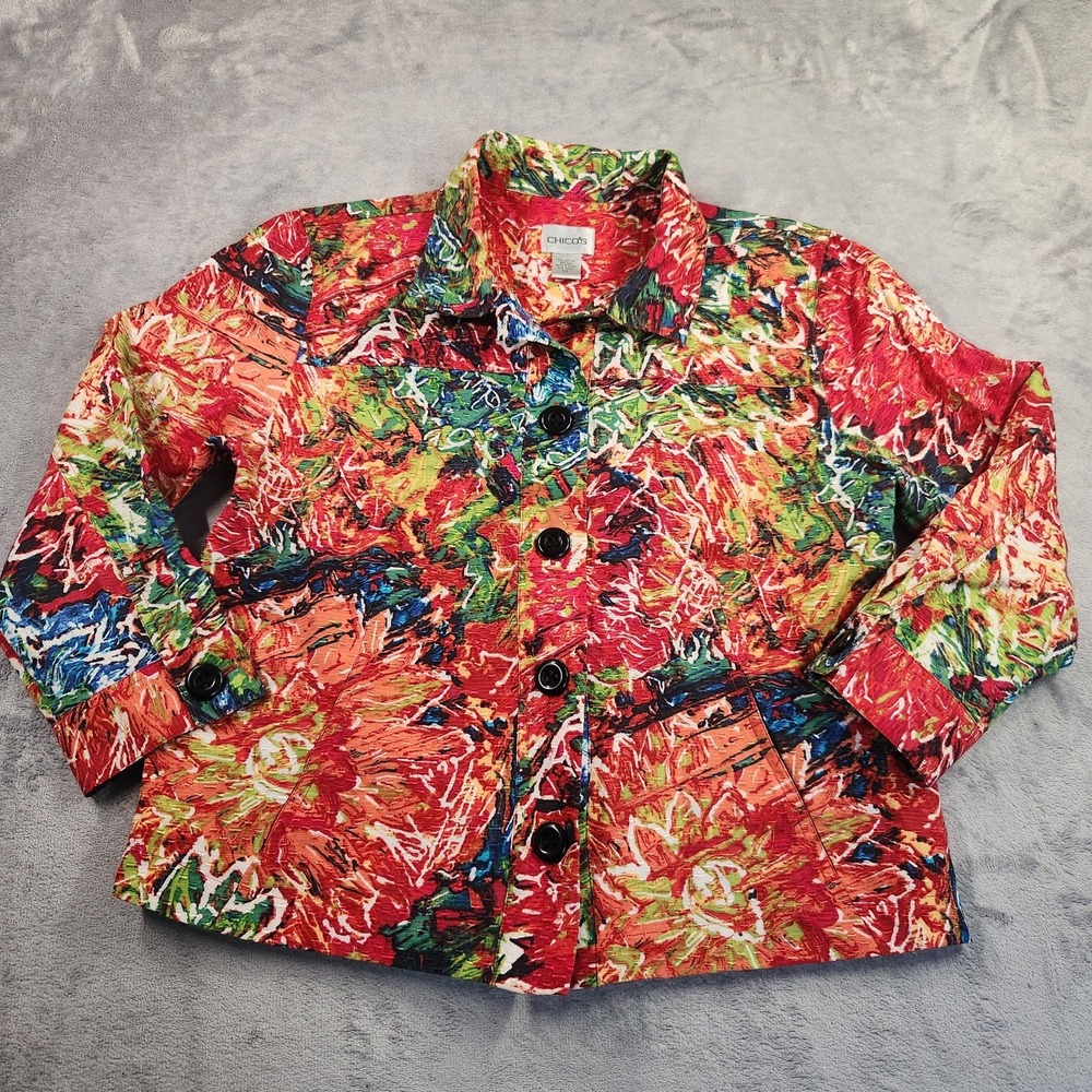 $118 Chicos Womens 1 Red Silk Blend Colorful Abstract Floral Light Jacket M